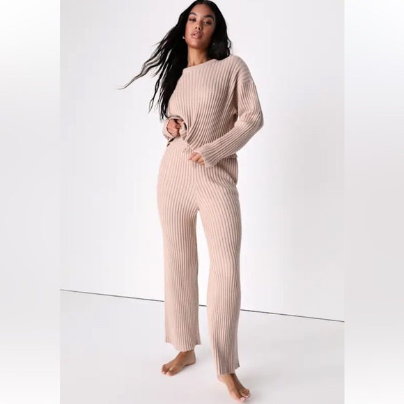 Lulus Taupe Ready To Cuddle Ribbed Knit Long Sleeve Wide Leg Sweater Pant Set M - Picture 2 of 16